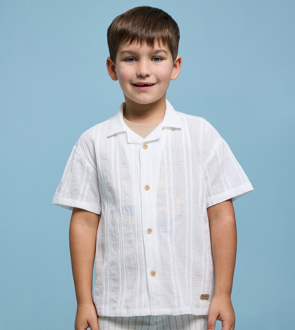 Self Patterned Shirt with Revere Collar and Long Sleeves