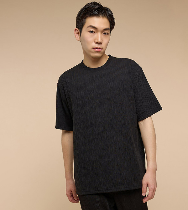 Self Design T-Shirt with Crew Neck and Short Sleeves