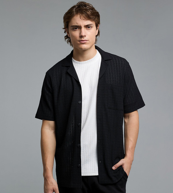 Textured Shirt with Revere Collar and Short Sleeves
