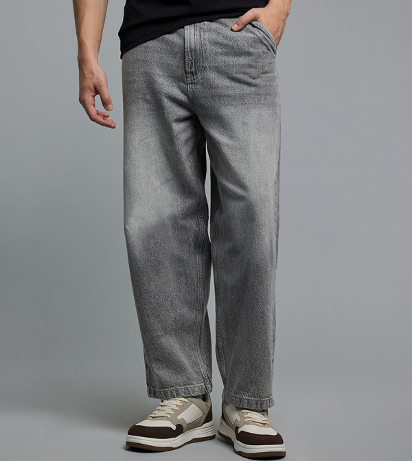 Washed Loose Fit Jeans with Button Closure