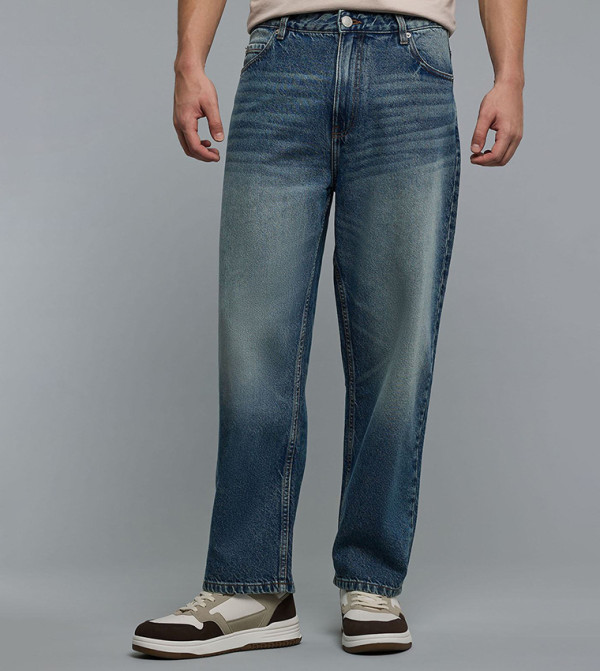 Faded Loose Fit Jeans with Button Closure