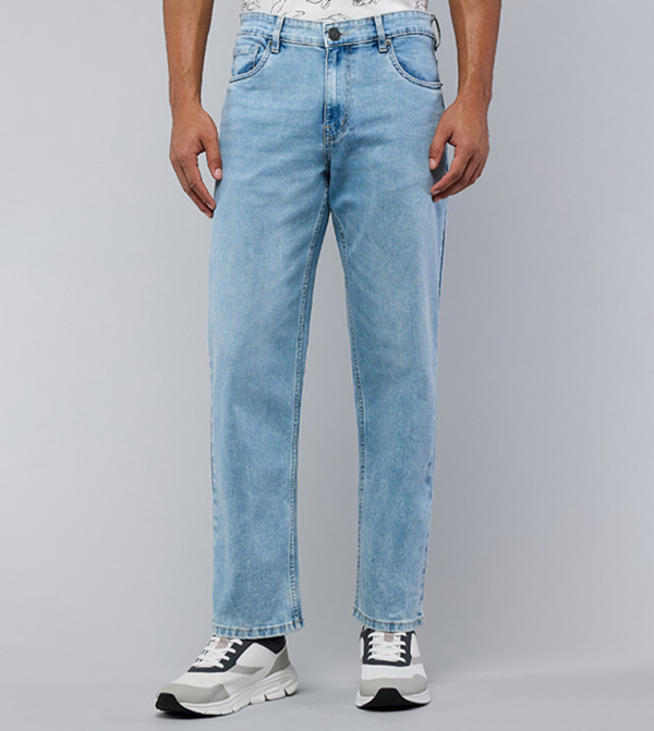 Faded Straight Fit Jeans with Button Closure