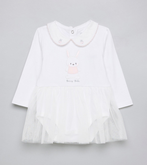 Appliqued Bodysuit Dress with Peter Pan Collar and Long Sleeves