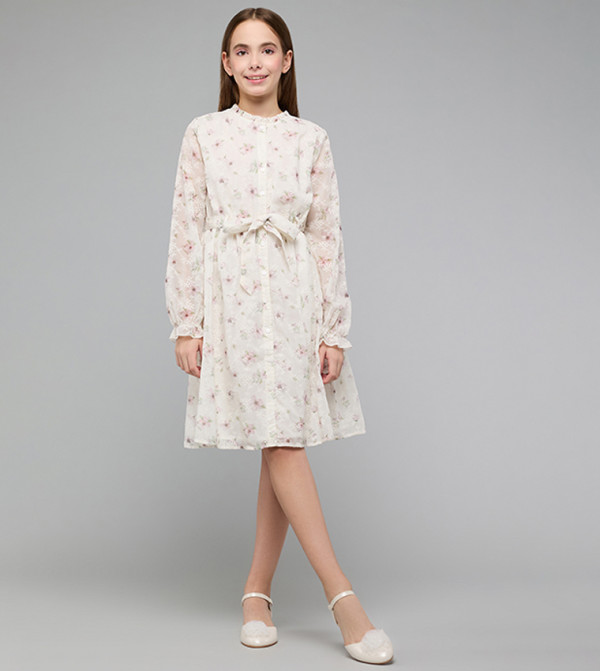 Embroidered Fit & Flare Dress with Long Sleeves