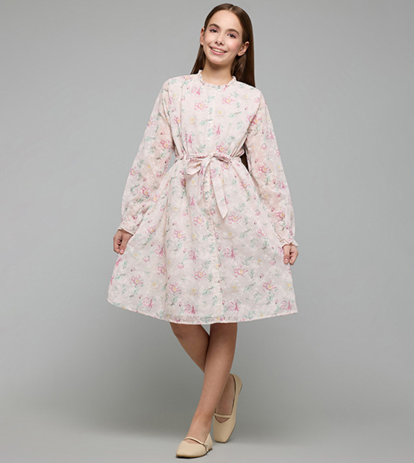 Embroidered Fit & Flare Dress with Long Sleeves