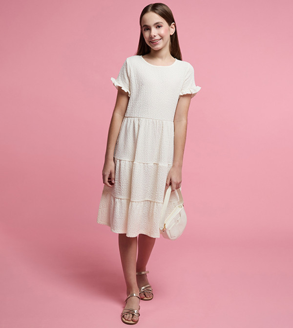 Textured Tiered Dress with Crew Neck and Short Sleeves