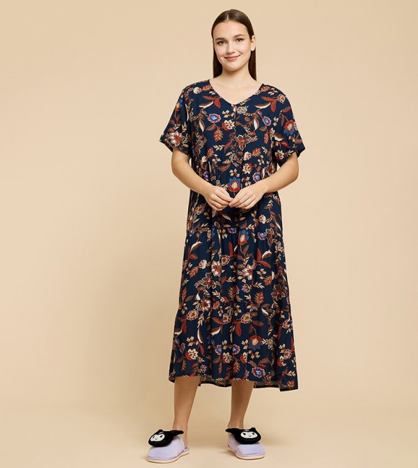 Printed Midi Dress with V-Neck and Short Sleeves