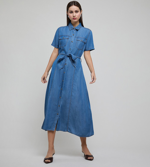 denim lace up dress Denim Tencel Flowy Midi Dress In Medium Wash M main image 1