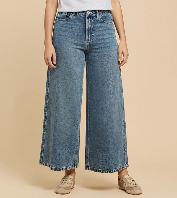 Washed Wide Leg Jeans with Button Closure