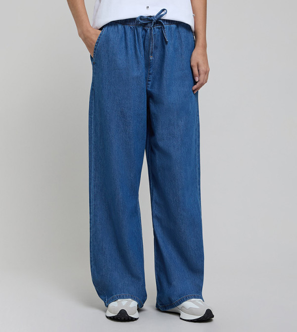 Washed Straight Jeans with Drawstring Waist