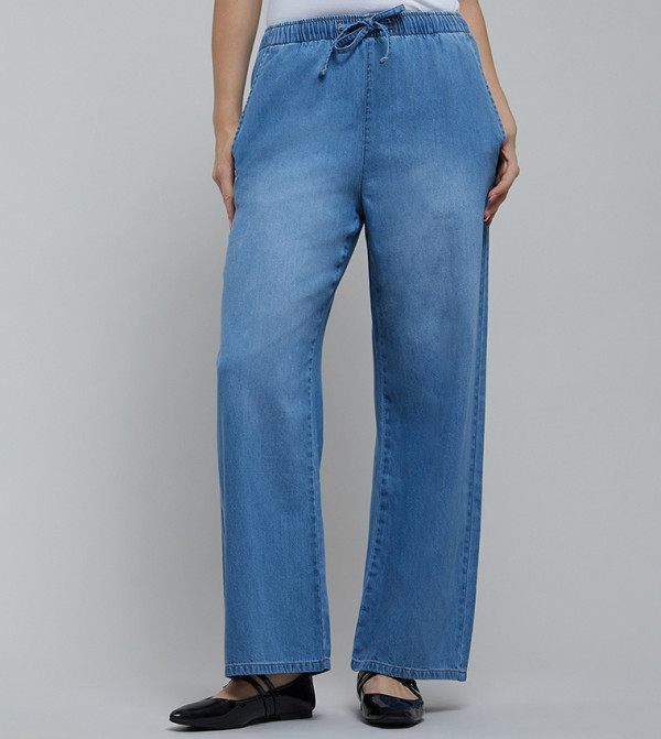 Washed Straight Jeans with Drawstring Waist