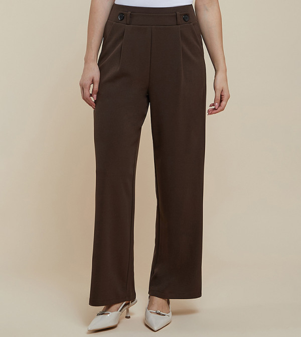 Solid Wide Leg Trousers with Button Closure