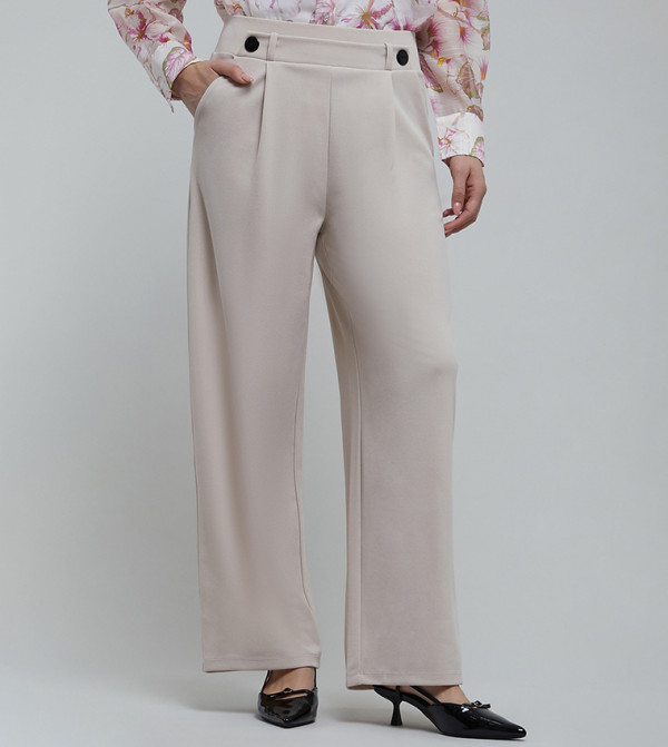 Solid Wide Leg Trousers with Button Closure