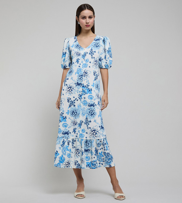 Printed A-Line Dress with V-Neck and Puff Sleeves
