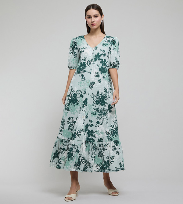 Printed A-Line Dress with V-Neck and Puff Sleeves