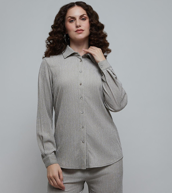 Textured Shirt with Classic Collar and Long Sleeves