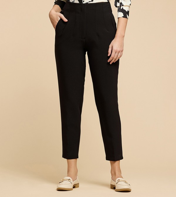 Pintuck Tapered Fit Trousers with Zipper Closure