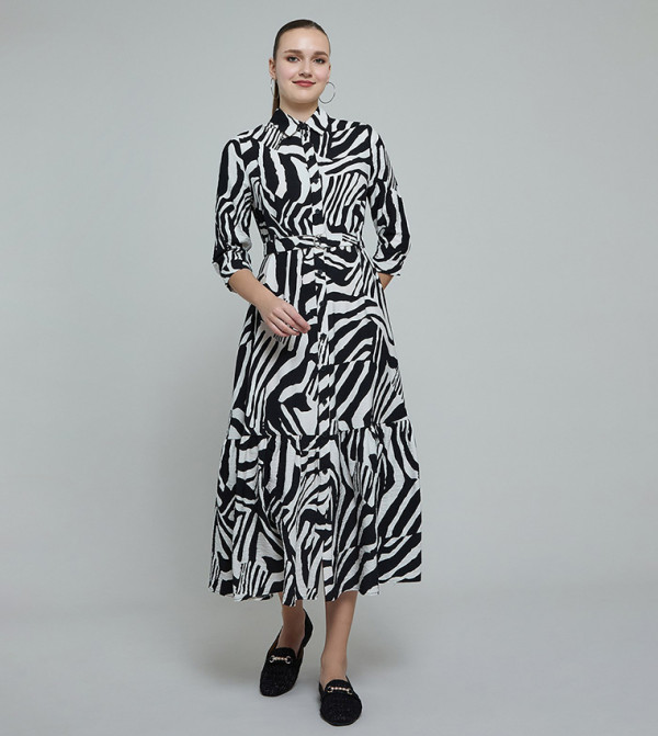 Patterned Shirt Dress with 3/4 Sleeves