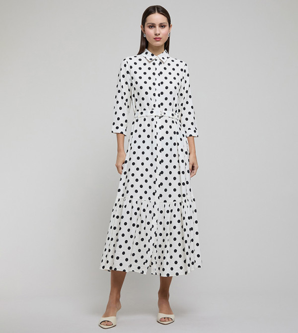 Polka Dots Shirt Dress with 3/4 Sleeves