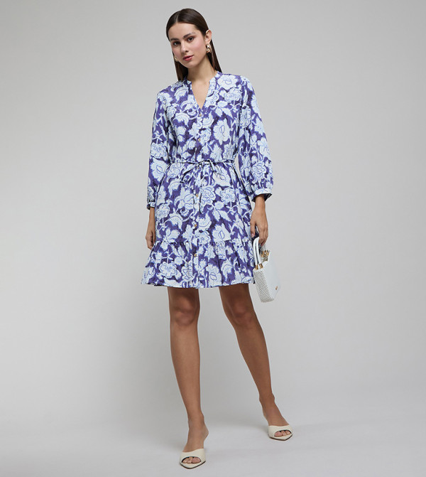 Floral Print Shirt Dress with Puff Sleeves