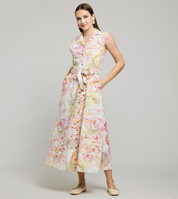 Patterned Sleeveless Midi Dress with Lapel Collar
