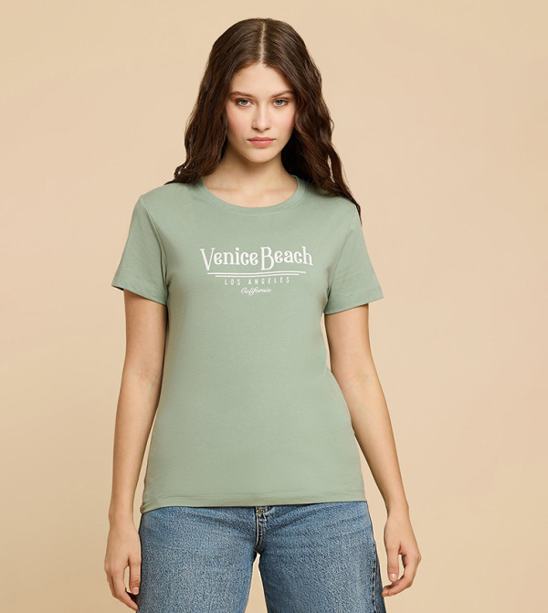 Typography Print T-Shirt with Crew Neck and Short Sleeves