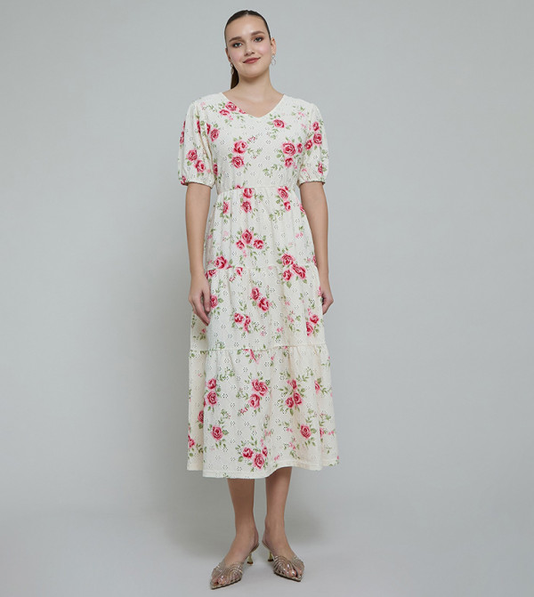 Floral Print Midi Dress with V-Neck and Puff Sleeves