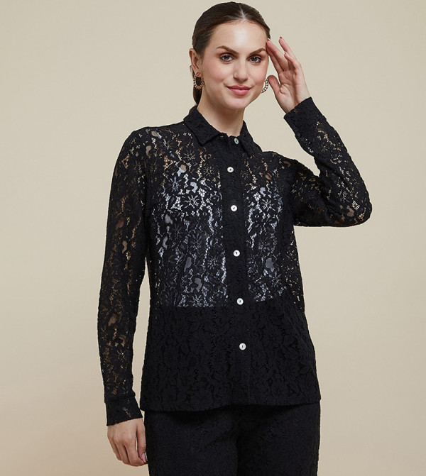 Lace Shirt with Classic Collar and Long Sleeves