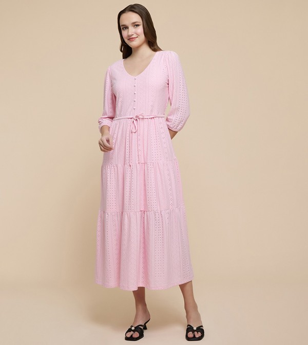 فستان شيفلي بطبقات كم 3/4 بقبة V 