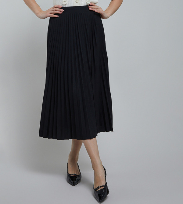 Solid Pleated Midi Skirt with Elastic Waist