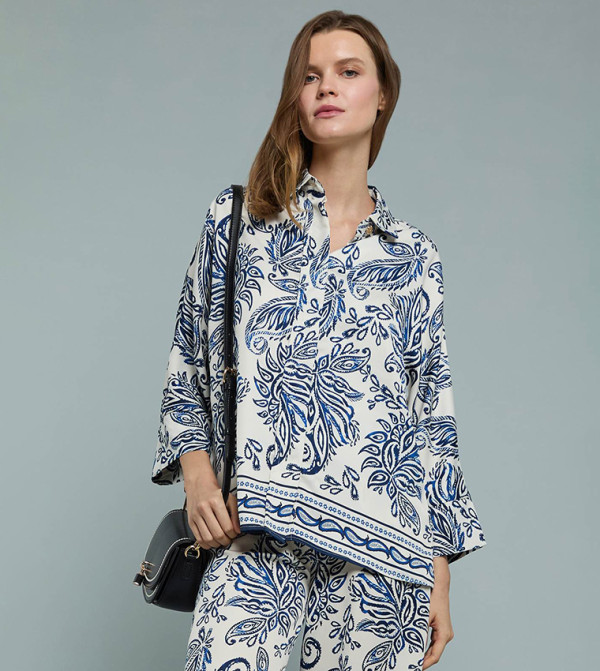 Patterned Shirt with Classic Collar and 3/4 Sleeves