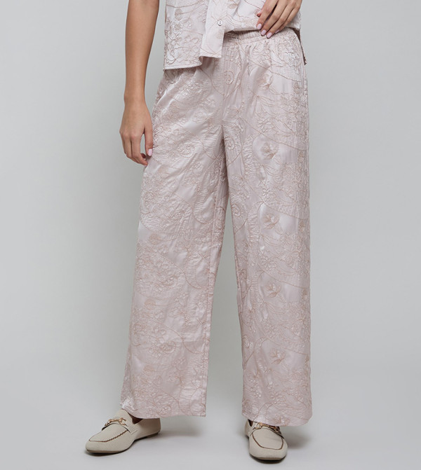 Embroidered Wide Leg Pants with Drawstring Waist