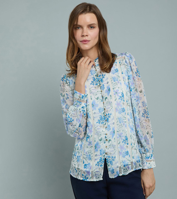 Printed Top with High Neck and Puff Sleeves