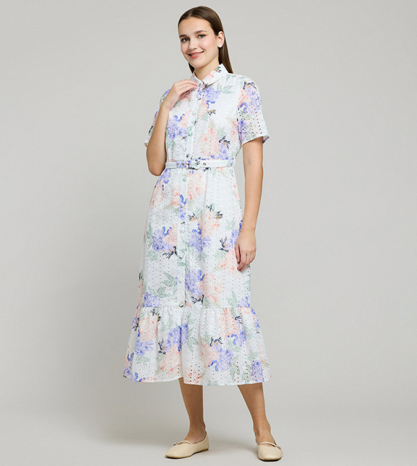 Floral Print Shirt Dress with Long Sleeves