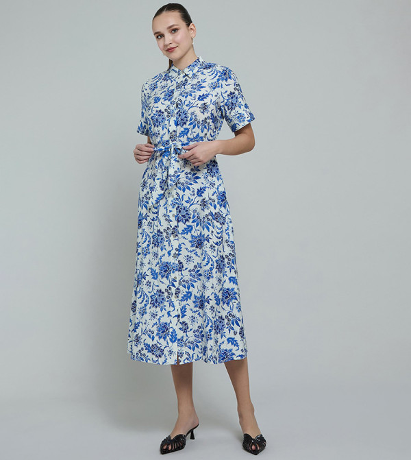 Patterned Shirt Dress with Short Sleeves