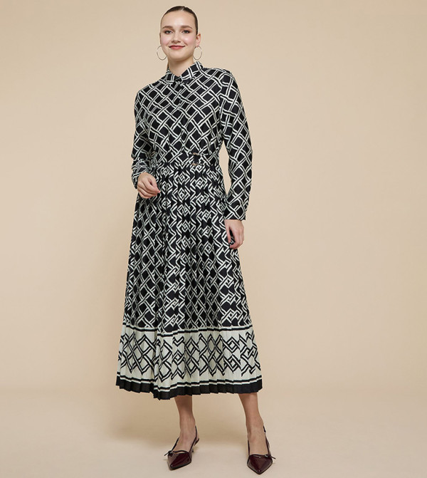 Patterned Shirt Dress with Long Sleeves