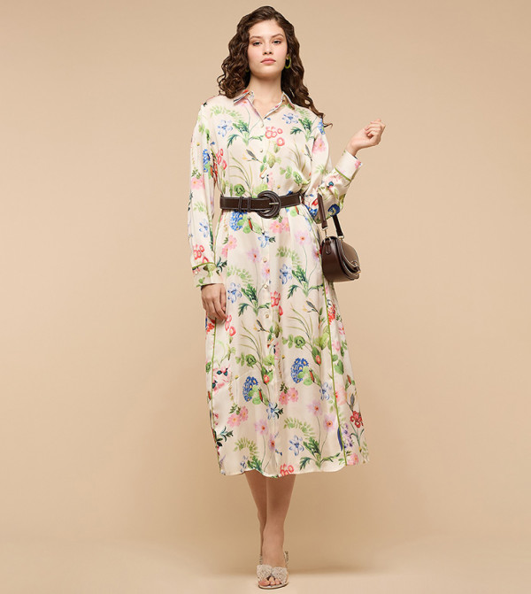Floral Print Shirt Dress with Long Sleeves