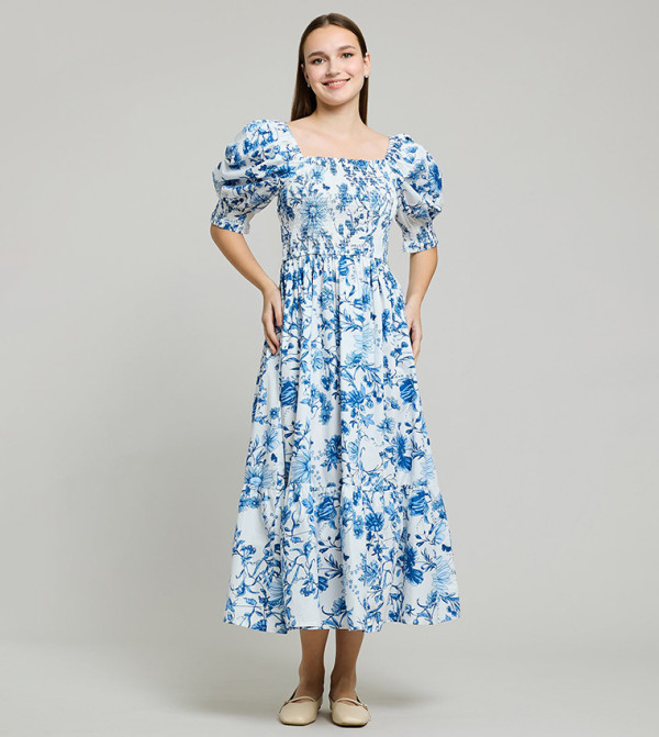 Printed Midi Dress with Square Neck and Puff Sleeves