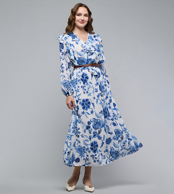 Printed Midi Dress with V-Neck and Puff Sleeves