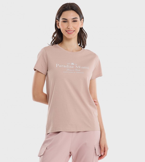 Typography Print T-Shirt with Crew Neck and Short Sleeves