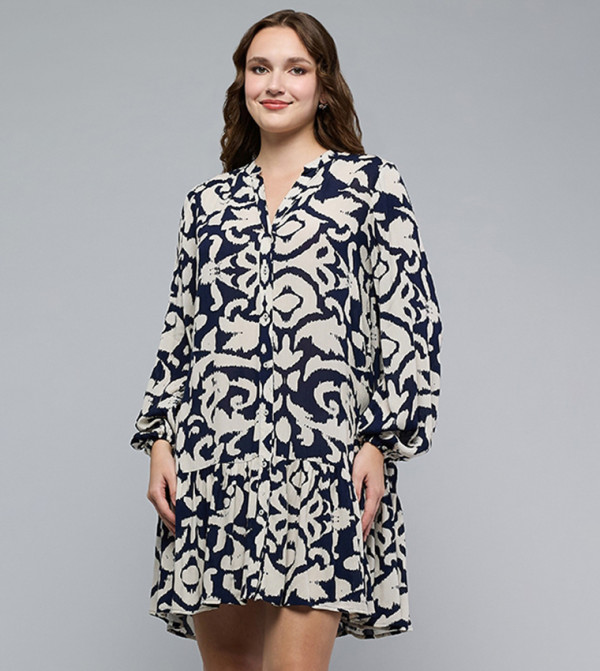 Patterned Mini Dress with V-Neck and Puff Sleeves