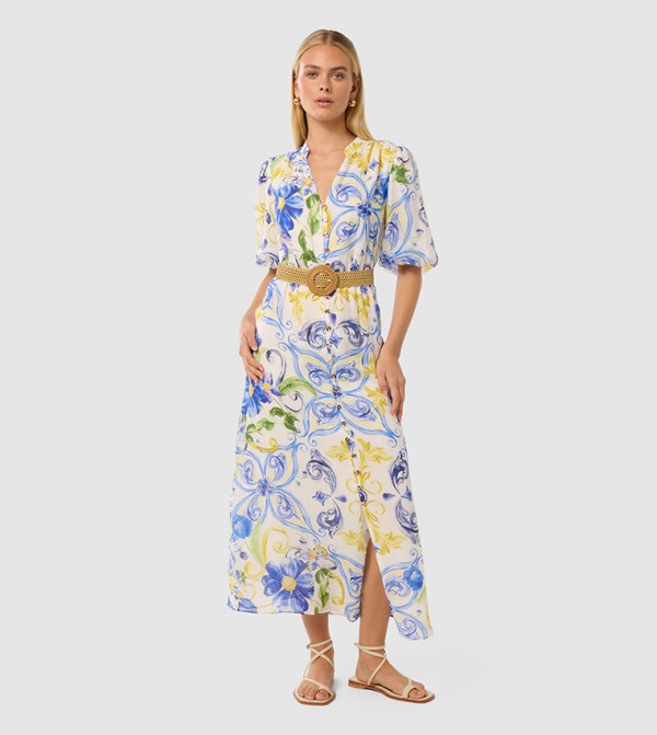 LOREN Patterned Puff Sleeves Midi Dress