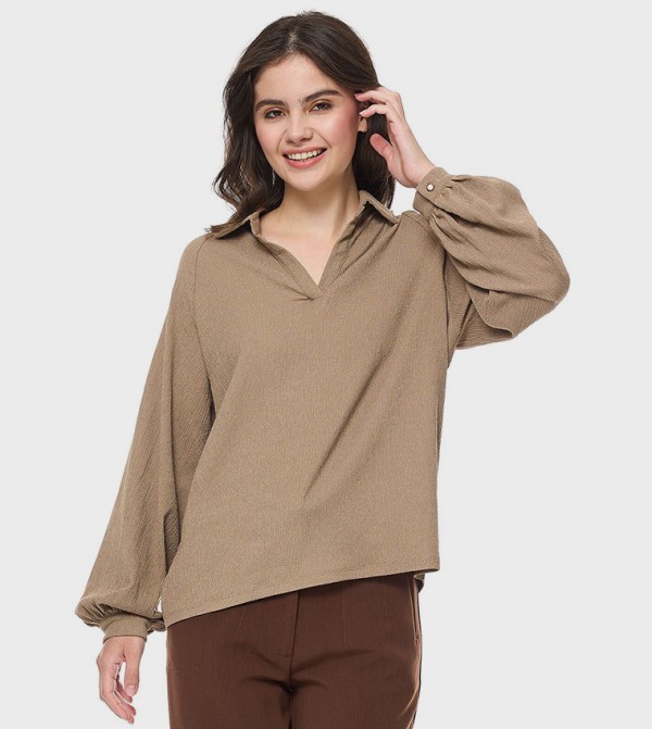 Textured Top with Spread Collar and Bishop Sleeves