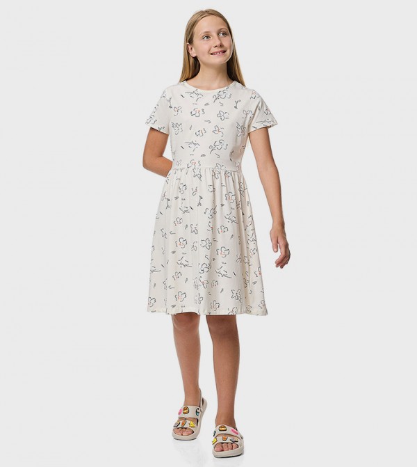 Printed Fit and Flare Dress with Short Sleeves