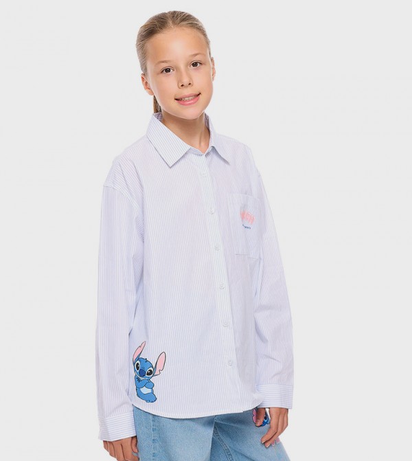 Stitch Printed Tunic Shirt with Classic Collar and Long Sleeves
