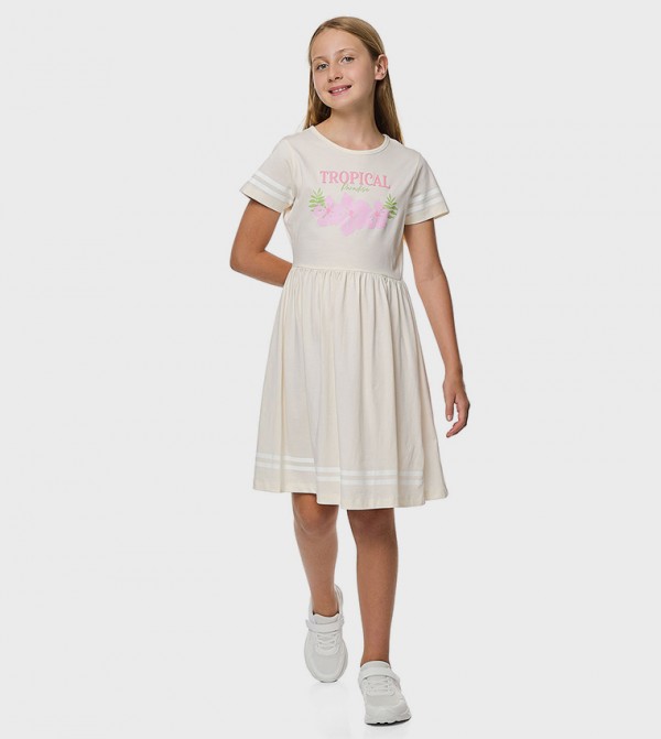 Printed Fit and Flare Dress with Short Sleeves