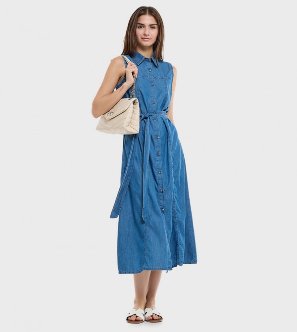 Belted Sleeveless Denim Dress with Classic Collar