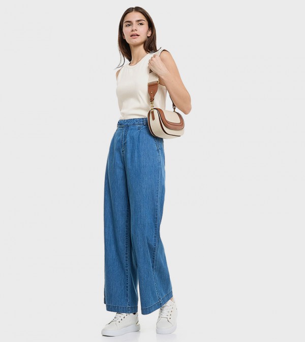 Washed Wide Leg Jeans with Button Closure