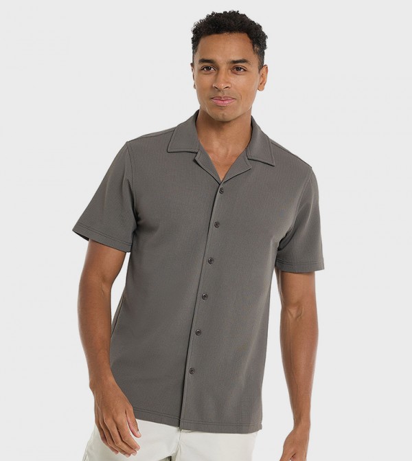Textured Shirt with Revere Collar and Short Sleeves