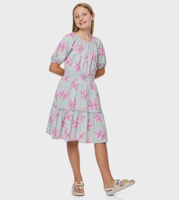 Floral Print Tiered Dress with Puff Sleeves